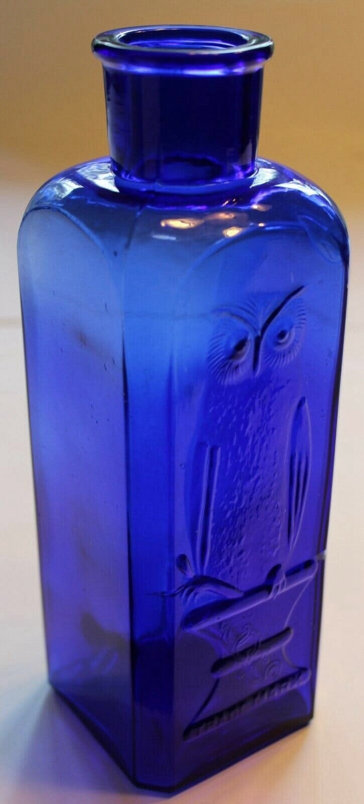 Antique OWL DRUG Co bottle w/pic Owl dark COBALT blue color