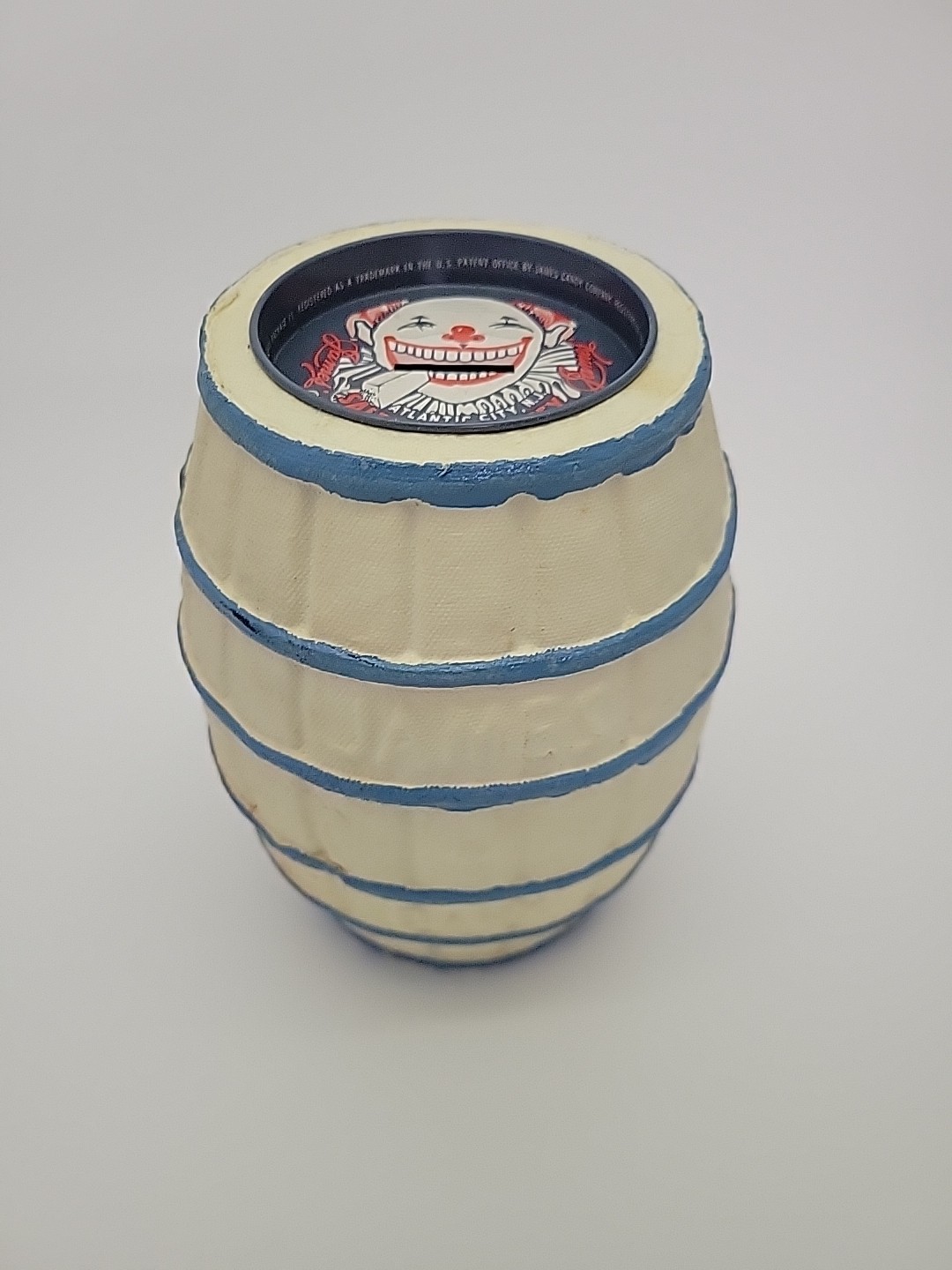 MINT UNUSED JAMES Salt Water Taffy Atlantic City Paper Mache' Barrel Clown Bank