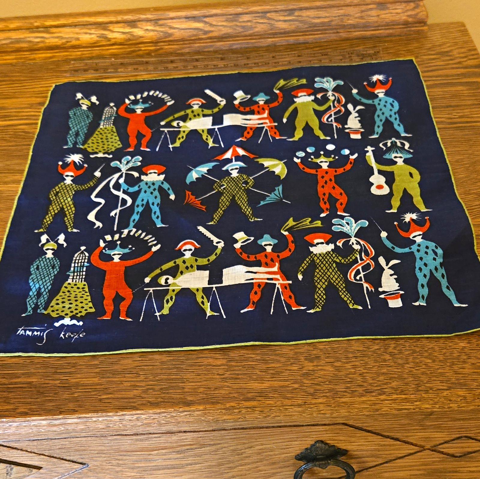 Vintage Tammis Keefe Handkerchief Magician Jester Circus Novelty Navy MCM Hankie
