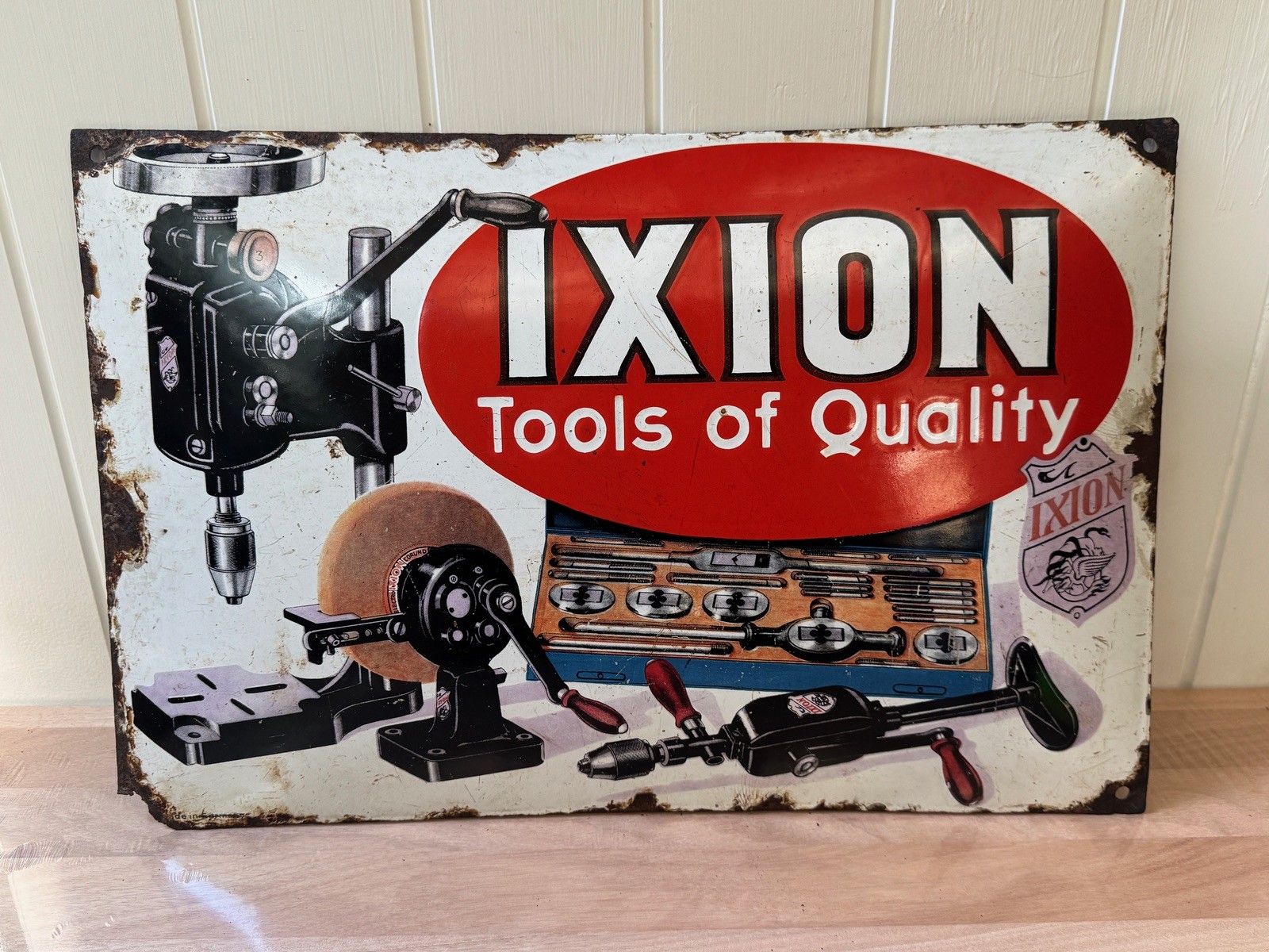 Vintage Original IXION TOOLS Domed Enamel Sign Made In Germany Hand Tools