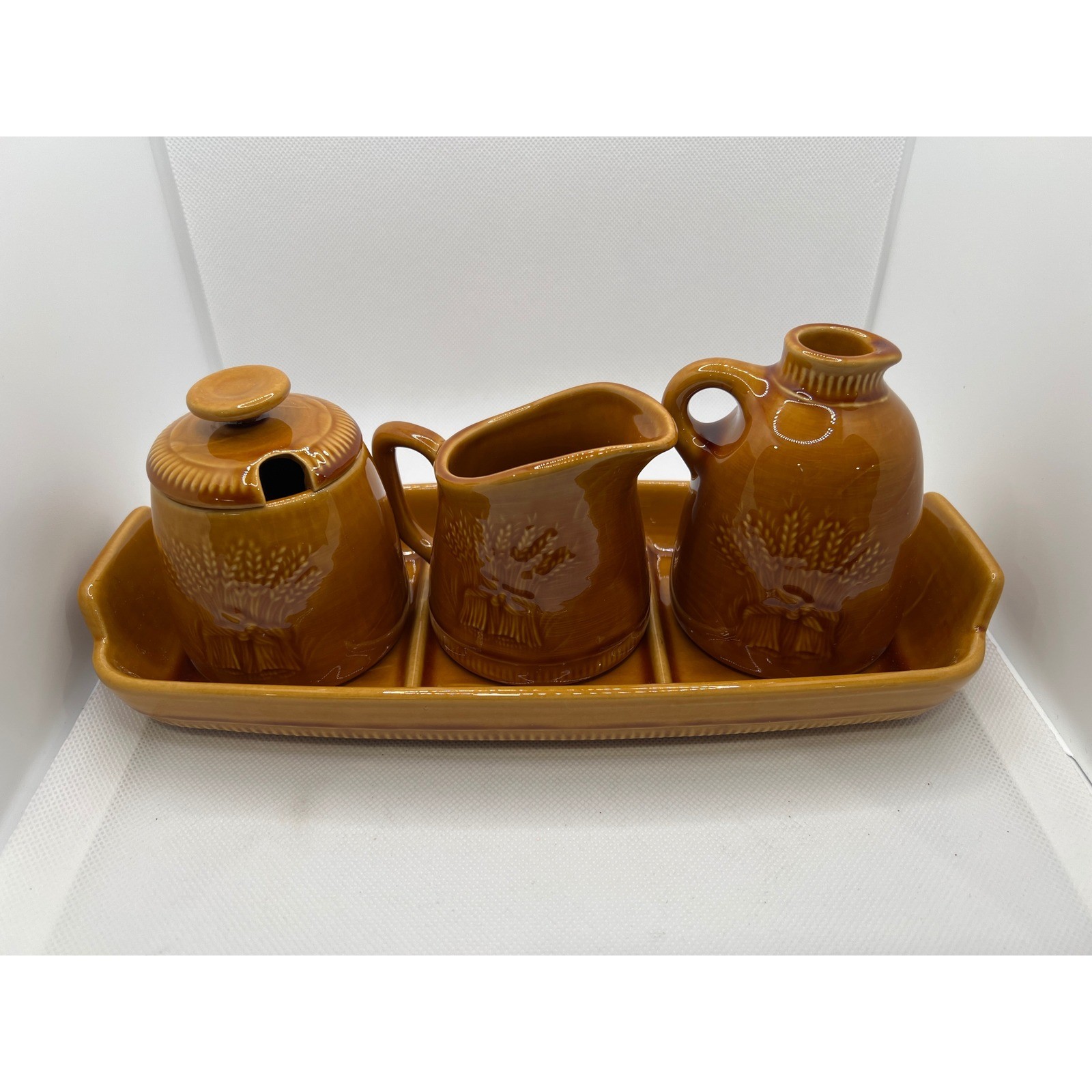 Vtg Franciscan Golden Wheat Condiment Set Tray Honey Sugar Creamer Vinegar Brown