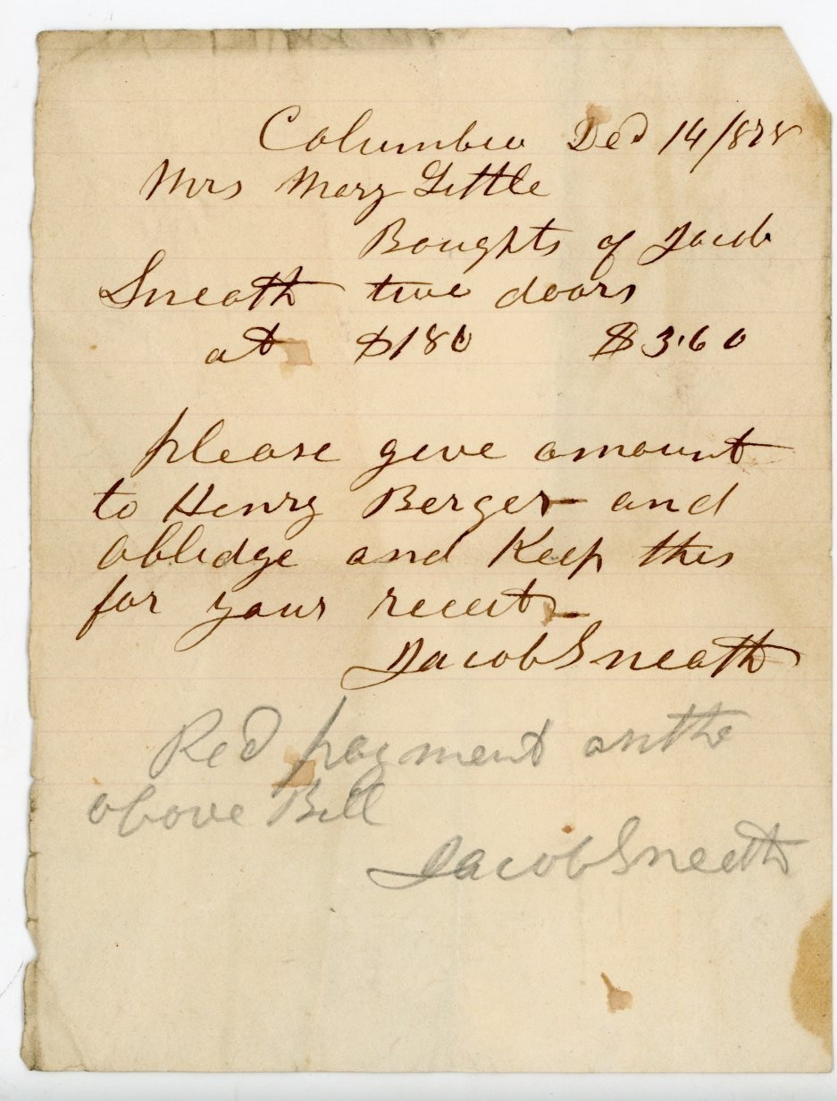 1878 Columbus PA Handwritten Receipt Mrs Mary Little Signed Jacob Sneath Doors