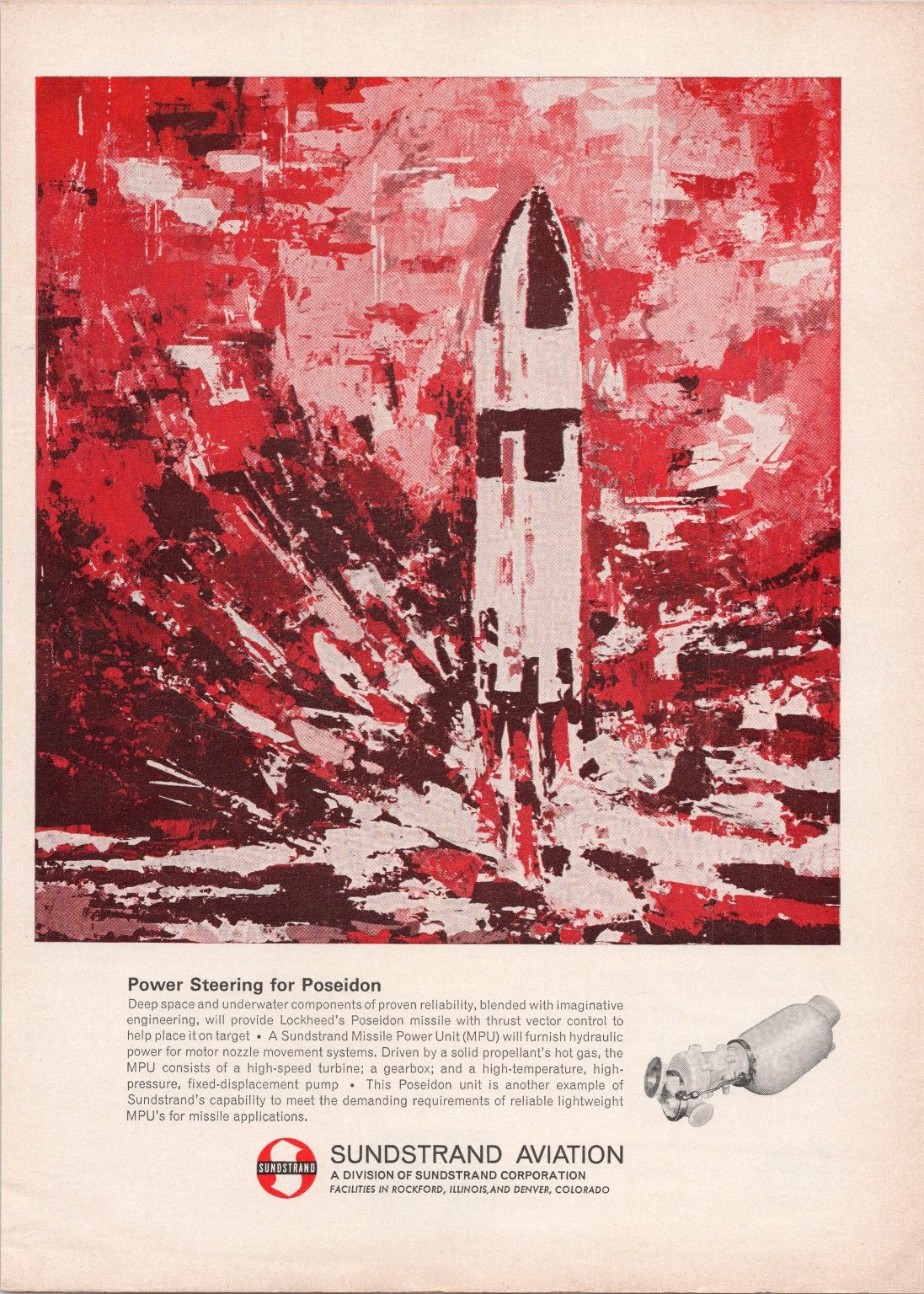 Sundstrand Aviation Poseidon Missile Magazine Ad Vintage 1960s Red Black