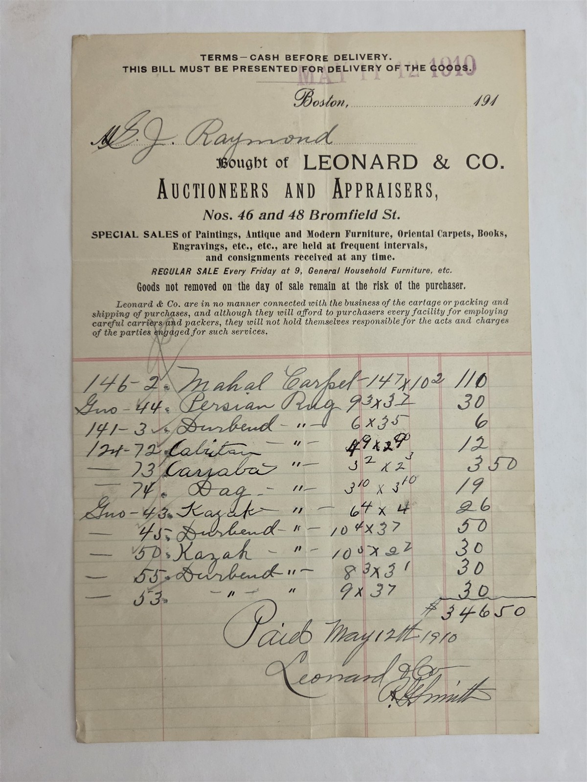 1910 antique LEONARD & CO boston ma AUCTIONEER APPRAISER oriental persian rugs