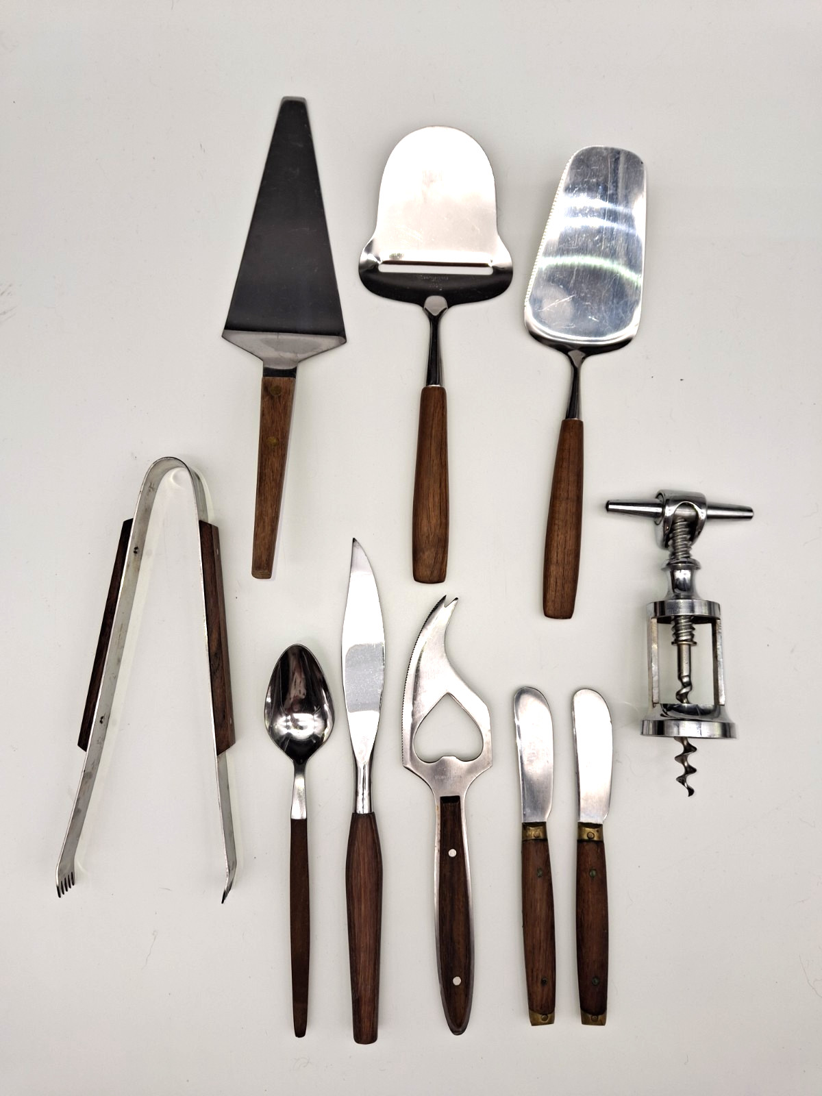 10 VTG MCM Danish Style Kitchen and Bar Utensils w Wood Handled Stainless Steel