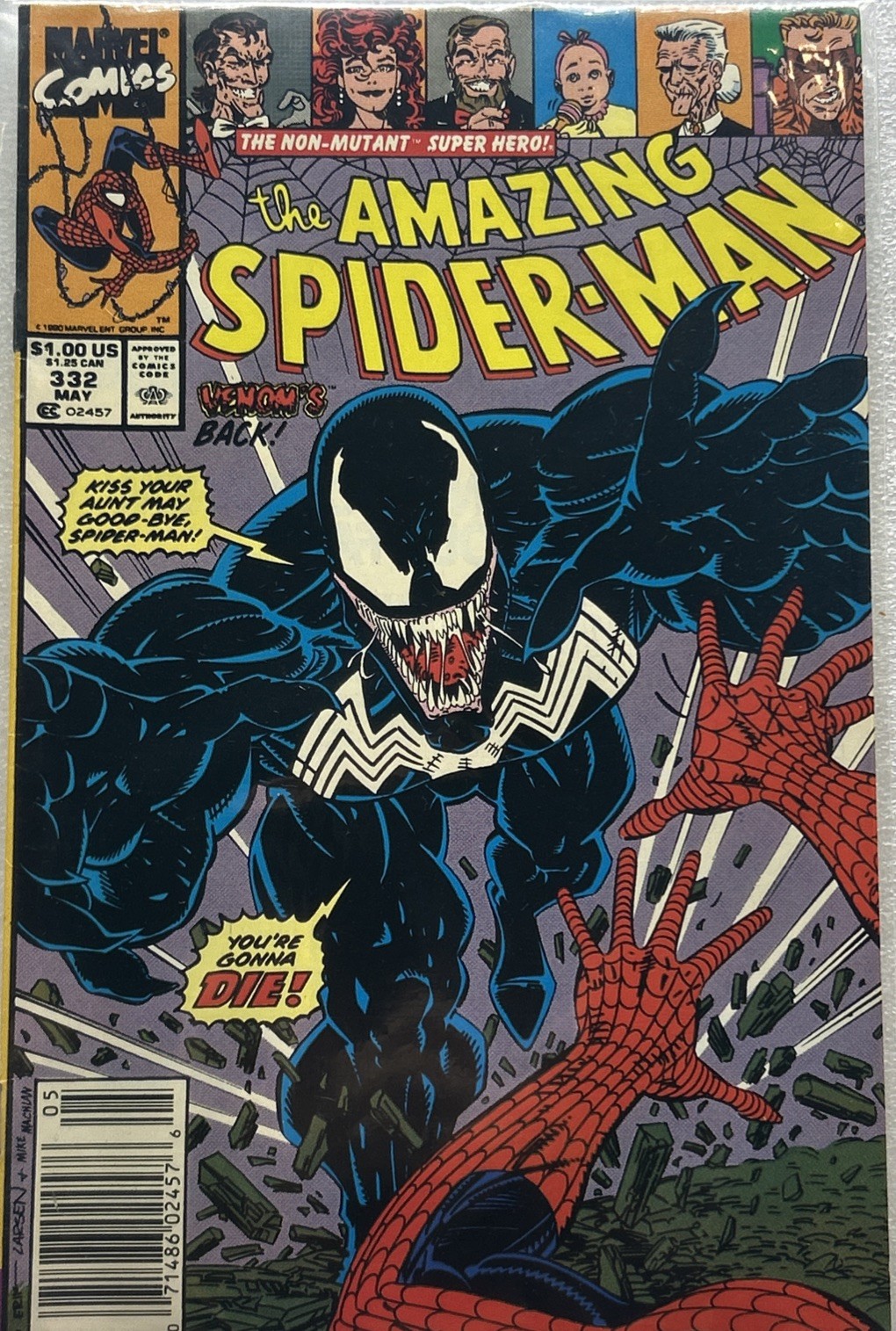 VTG THE AMAZING SPIDER-MAN #332 VENOM LONG TONGUE COVER ERIK LARSEN 1990 NM