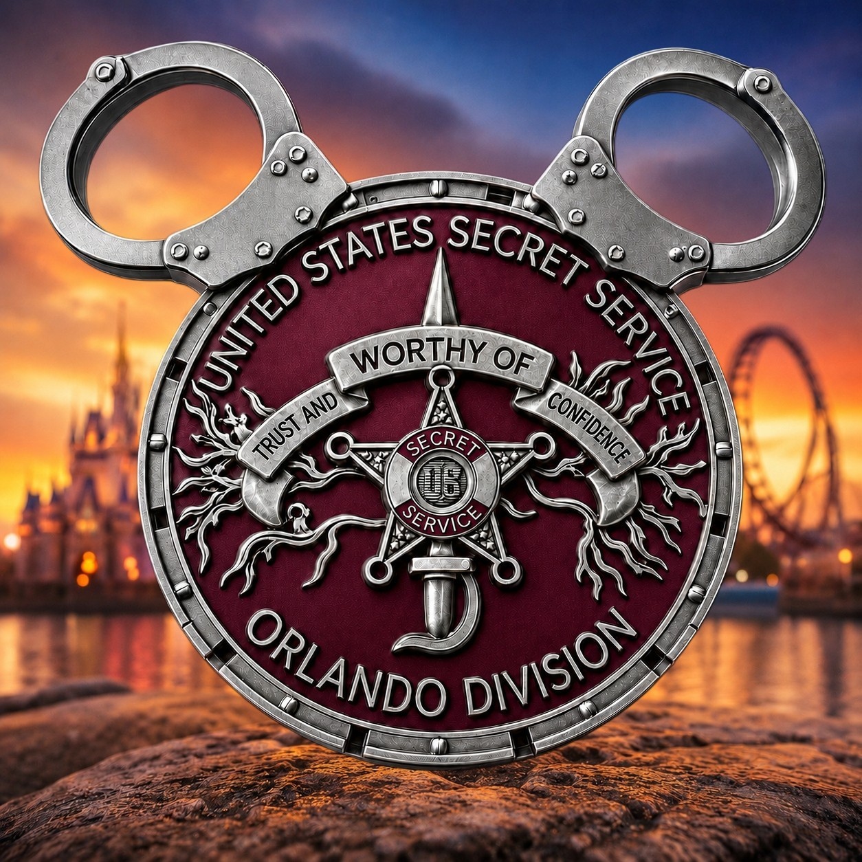 🔥US Secret Service Walt Disneyworld Mickey Ears Burgundy Disney Challenge Coin