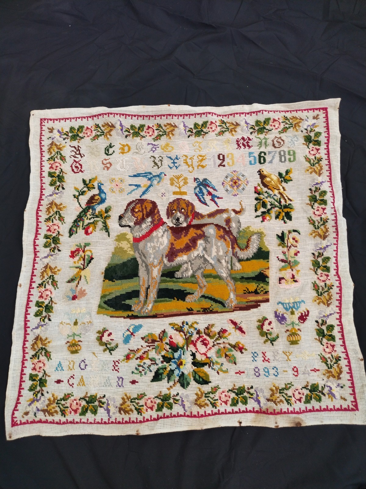 Vintage Alphabet ABC Embroidery Sampler St Bernard Dog Bird Floral Needlepoint