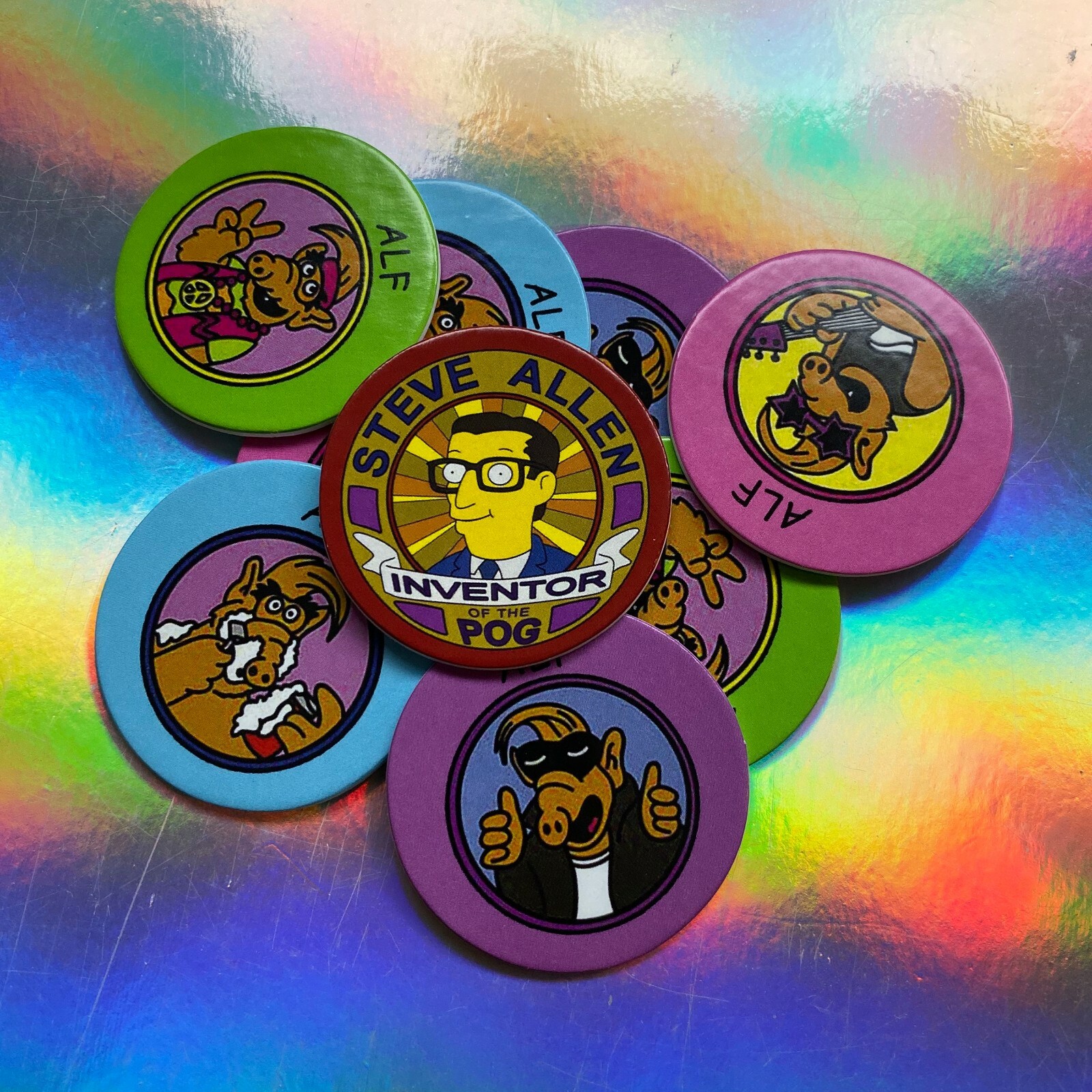 Remember Alf Pogs Set & Steve Allen Inventor of Pogs + Bart Simpsons Soul
