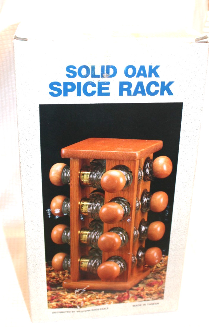 Vintage Solid Oak Spice Rack -- 12 Jars -- Unused