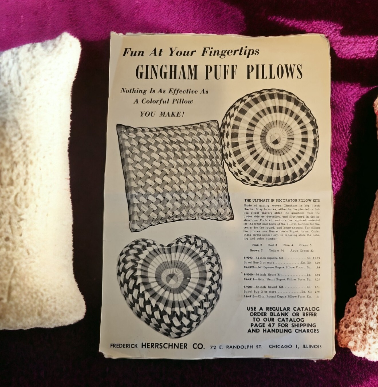 Mail Order Vtg 60s Frederick Herrschner Co Gingham Puff Pillows Instruction 