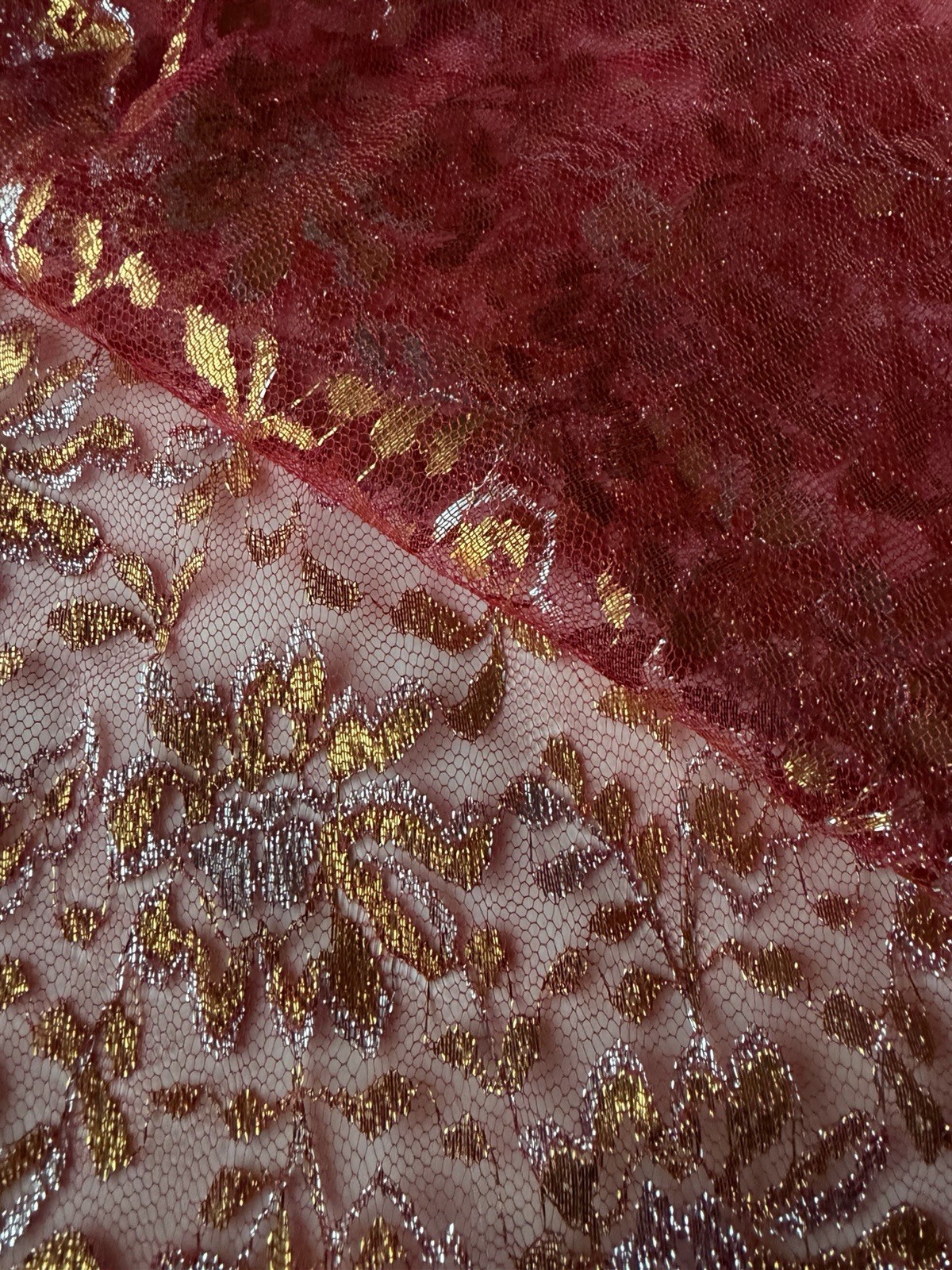Vintage Tomato Red Metallic Gold Silver Floral Sheer Net Fabric 70” L x 34” W