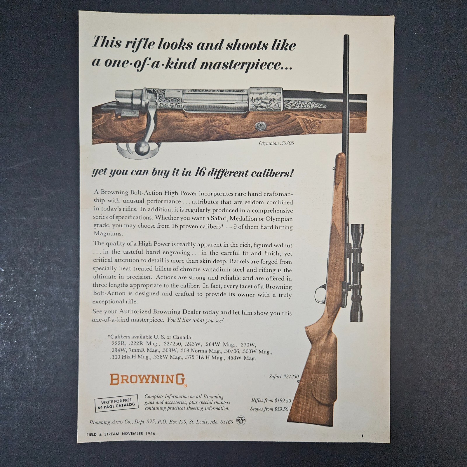 1966 Browning Arms Co Olympian 30/06 Safari 22/250 Vintage Print Ad St Louis MO