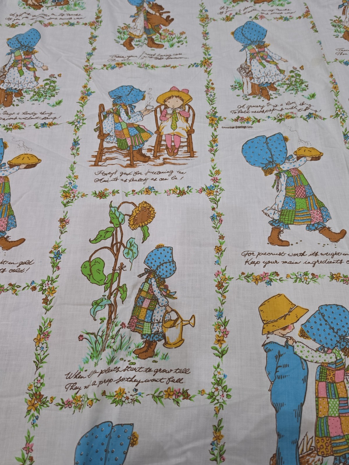 Vtg 1970s Holly Hobbie Twin Fitt Sheet Sunbonnet Girls Prairie Cottagecore Retro