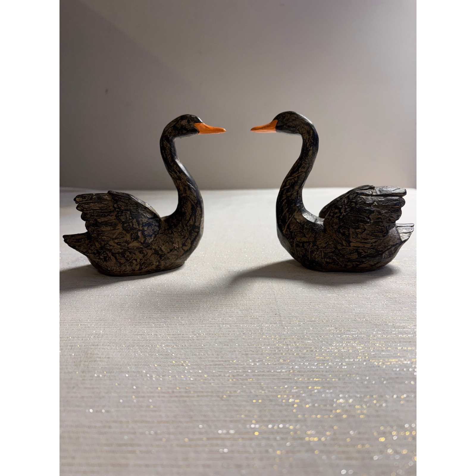Set of 2 Decorative Black Swan Figurines Dark Bodies Bright Orange Bills Resin