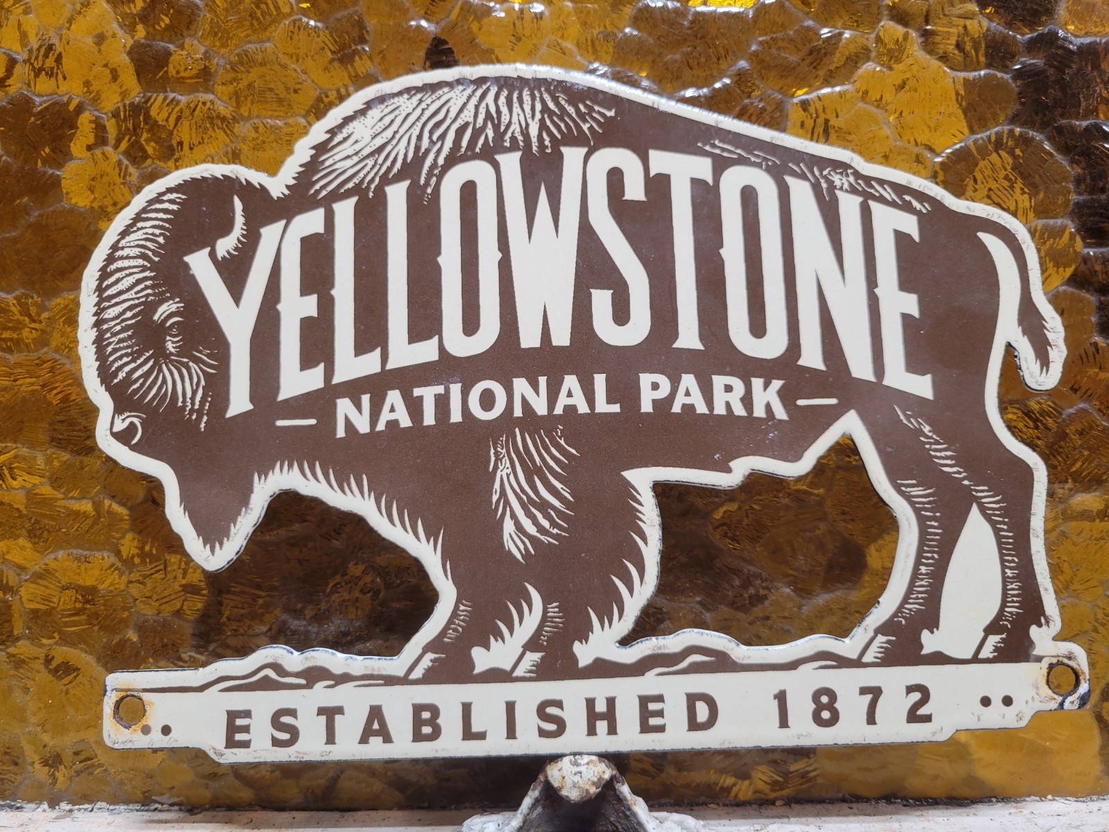 VINTAGE YELLOWSTONE NATIONAL PARK PORCELAIN SIGN RARE OLD BISON BUFFALO HIKE CAM