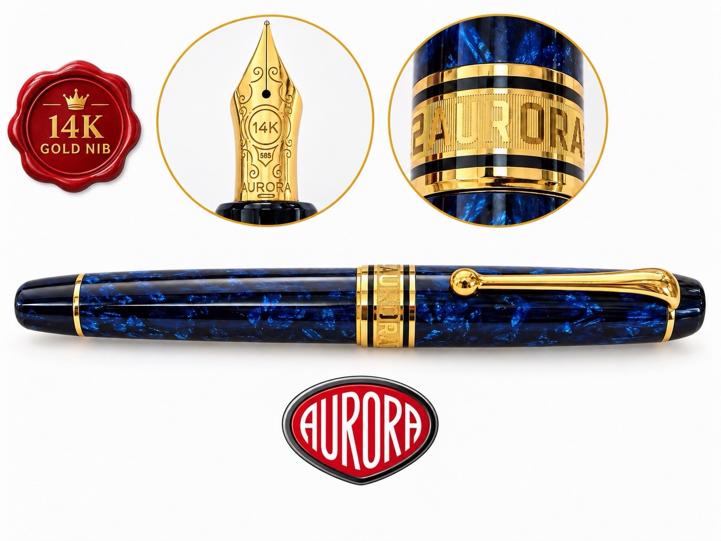 AURORA Optima Auroloide Blue Fountain Pen 14 Kt Gold Nib NOS Case