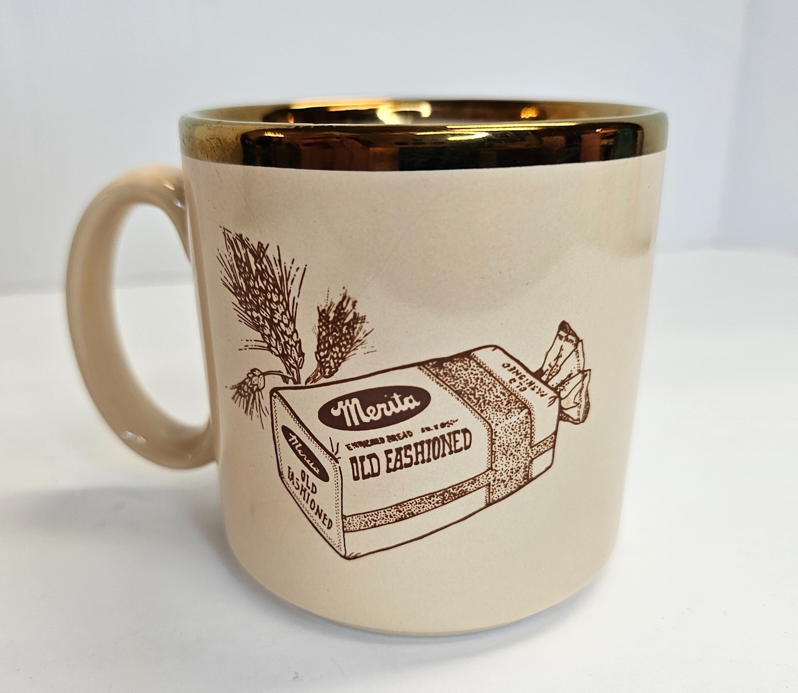 Vintage Merita Bread Coffee Mug Cup Tan/Off White Advertising Gold Rim RARE