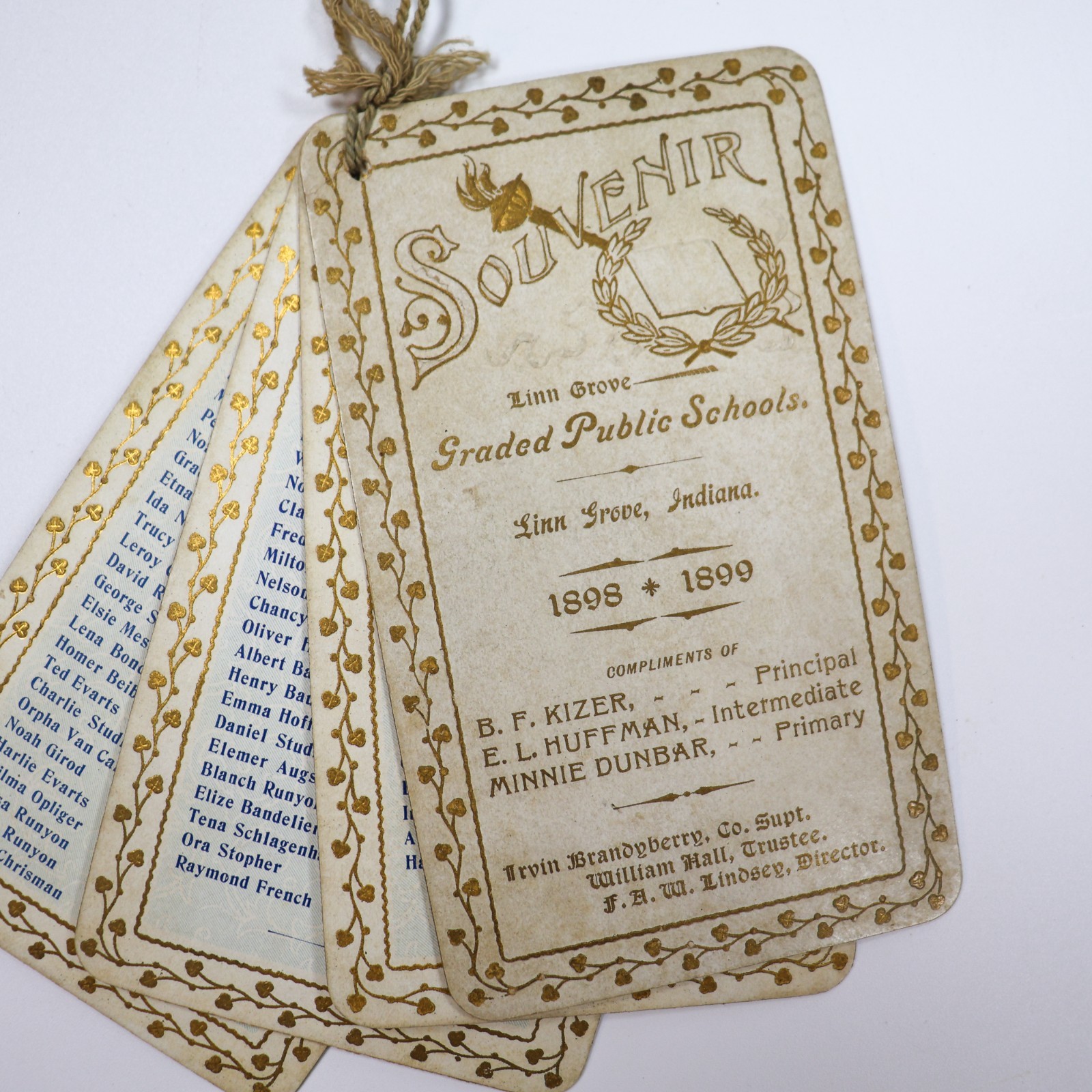 Antique Souvenir Linn Grove Indiana Public Schools 1898 1899 Pupils Roster Cards