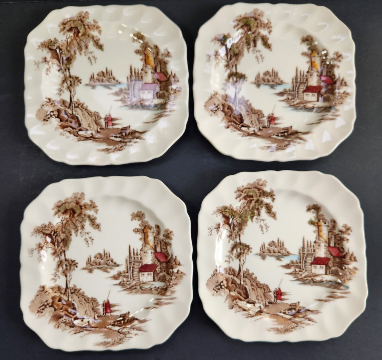 4 Pc. Johnson Brothers Square Salad Plates The Old Mill Brown Multicolor 7.75