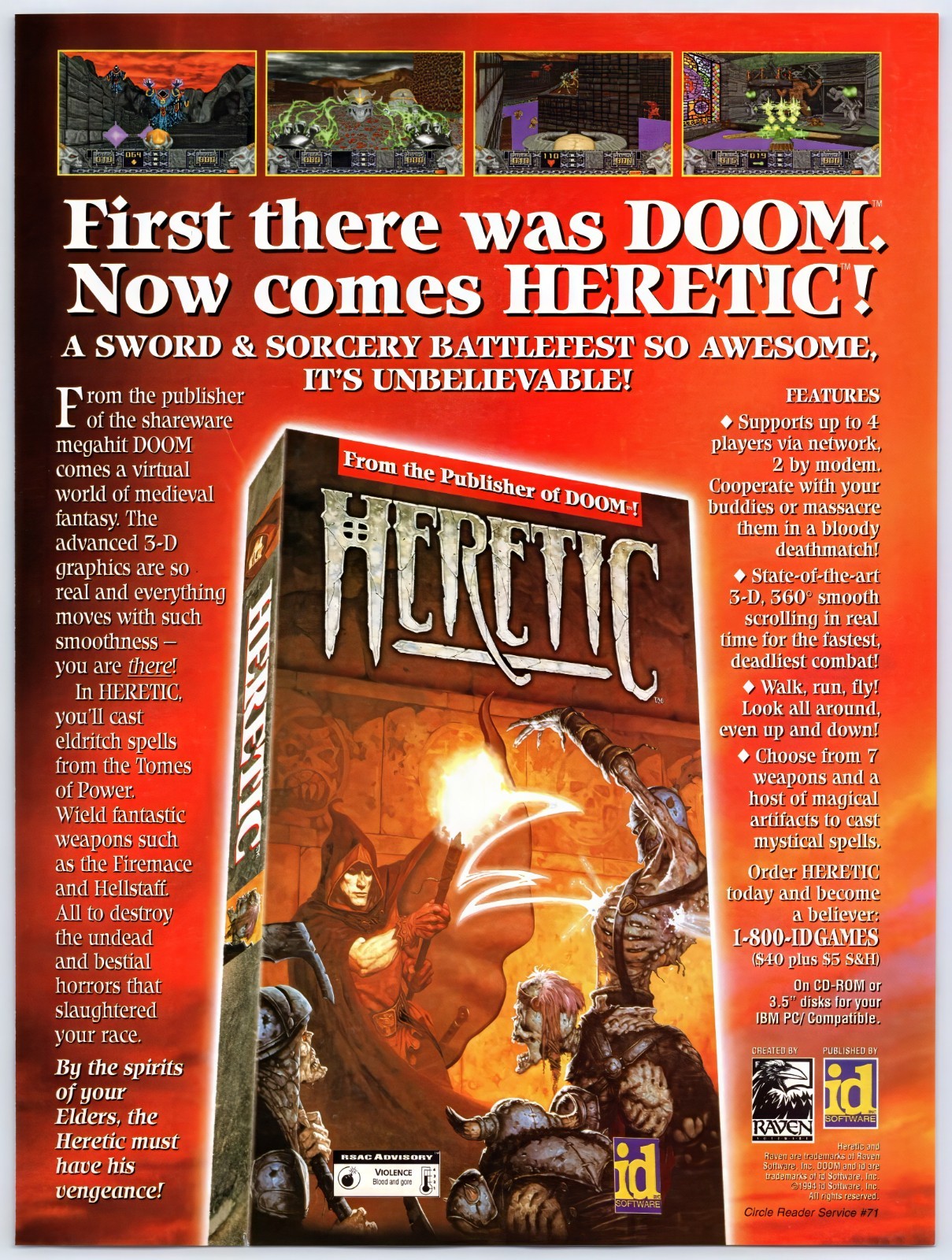 Heretic - PC Game - Doom Id Raven - Vintage Original Print Ad/Poster Promo 1994