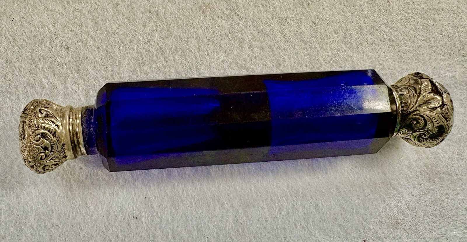 Antique COBALT Blue DOUBLE 'LayDown' PERFUME smelling salts Bottle STERLING caps