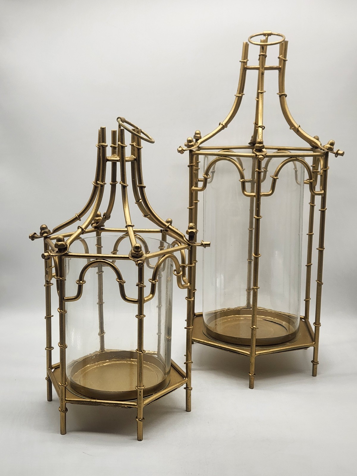 Two's Company Pair of Faux Bamboo Gilded Iron Pagoda Lanterns 18.25
