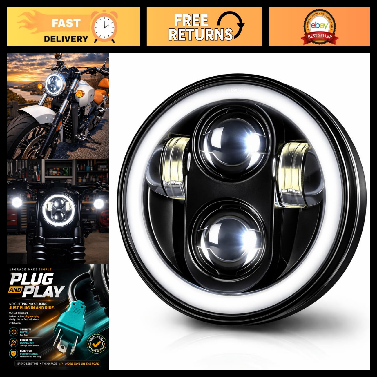 Eagle Lights 8900BH 5-3/4 5.75 Inch LED Headlight with White Halo Ring Compatibl