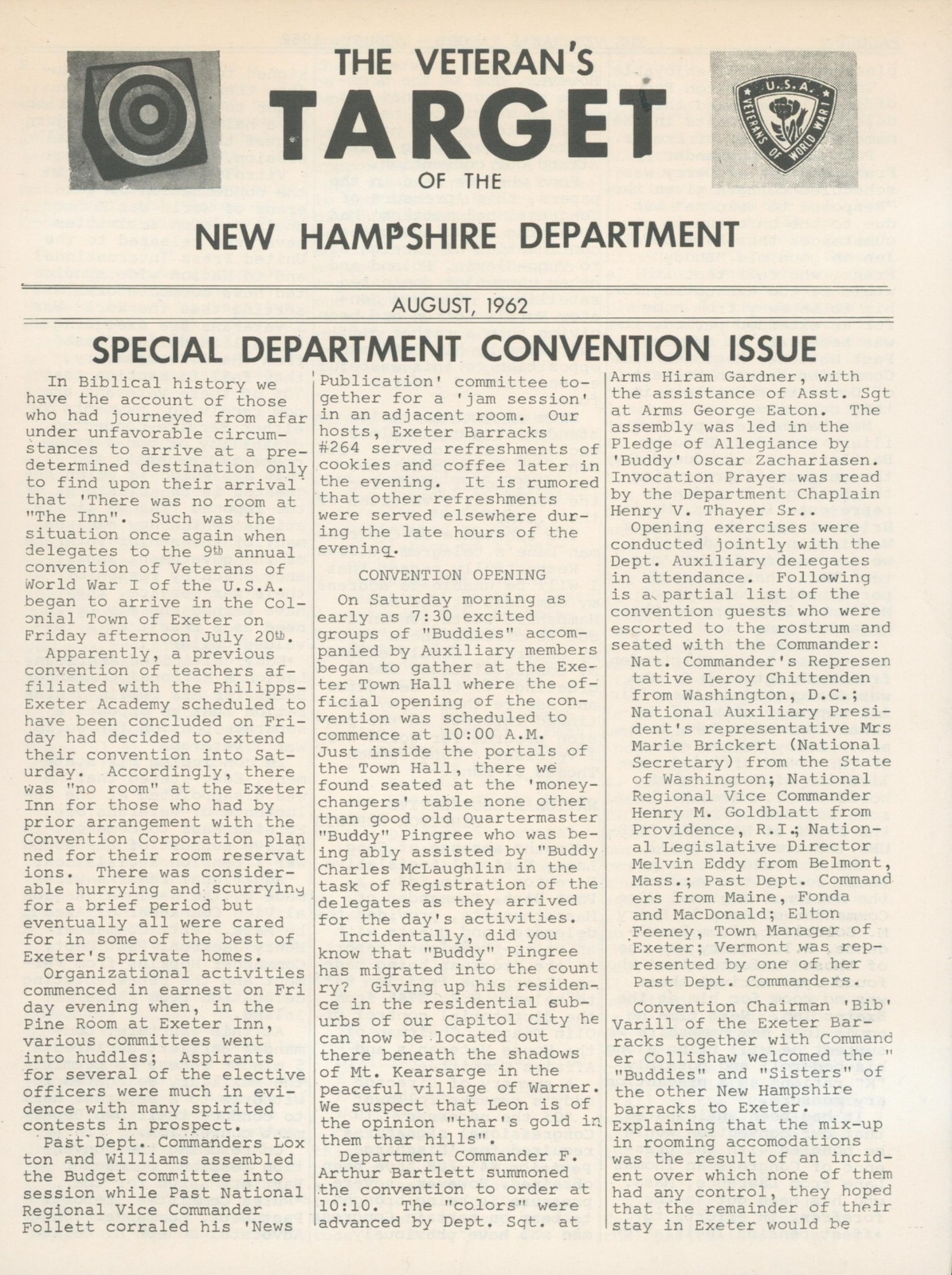1962 WWI USA Veterans of WWI Target Newsletter New Hampshire Kenne Convention 