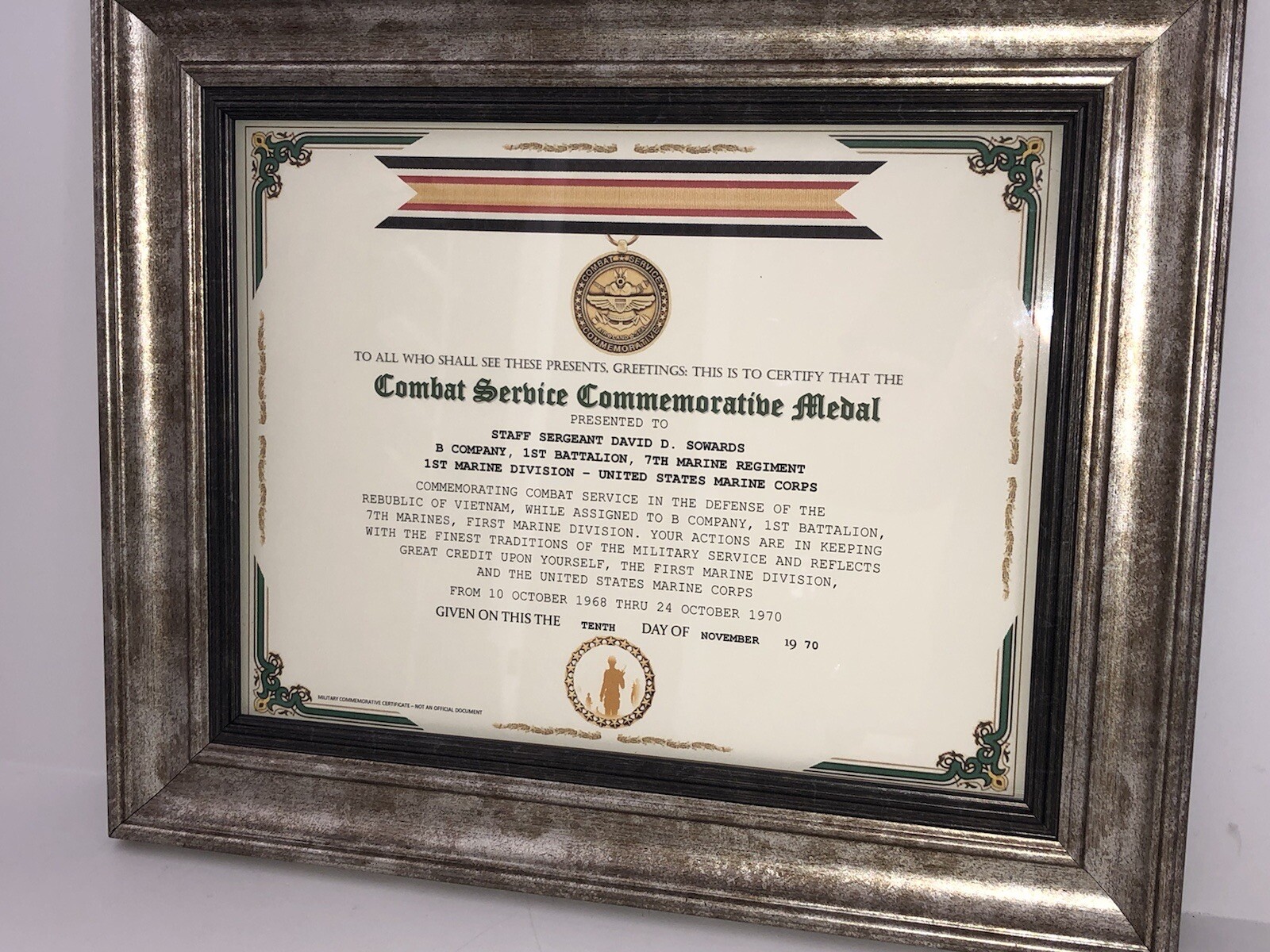 COMBAT SERVICE COMMEMORATIVE MEDAL CERTIFICATE ~ Type 1