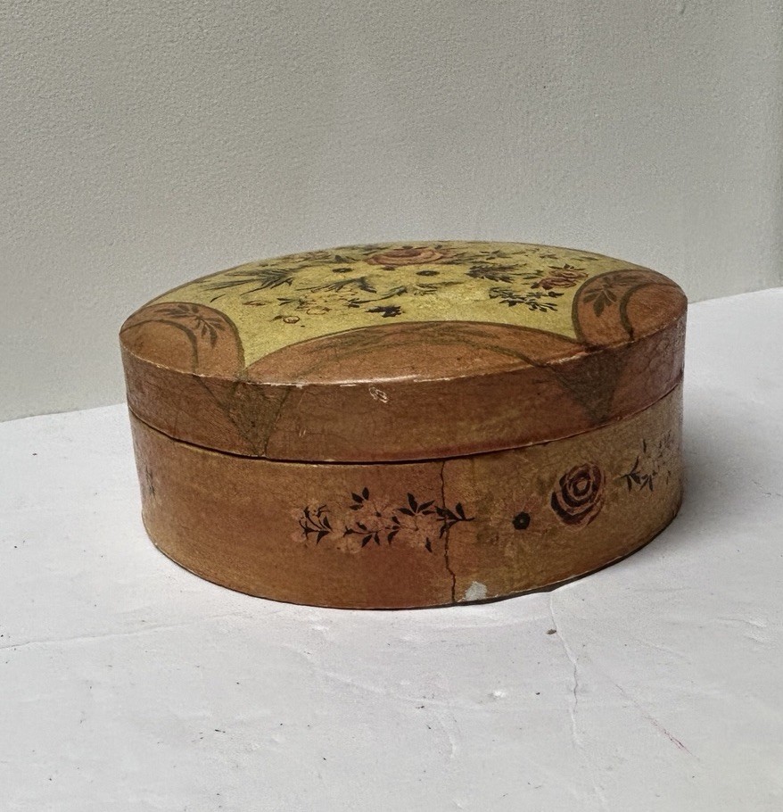 Vintage Hand Painted Wooden Trinket Box Floral Folk Art Round Lidded Box 6”