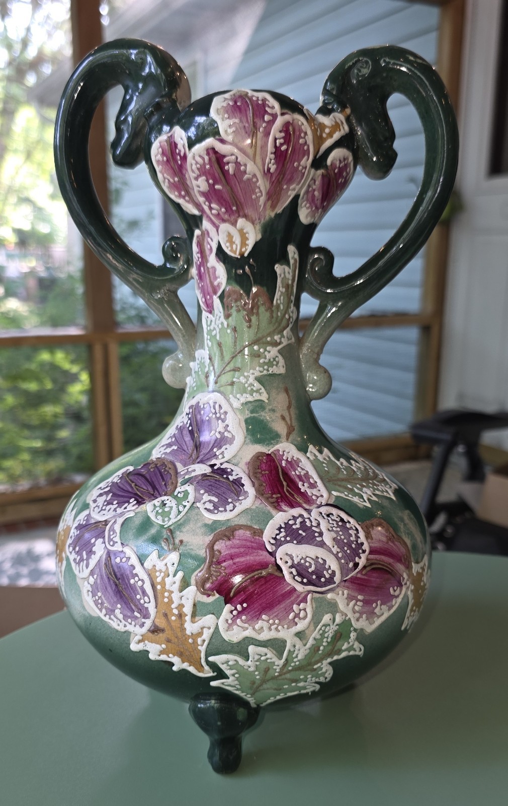 Antique Moriage Floral Ceramic Vase - 3 Footed - Earred - 14