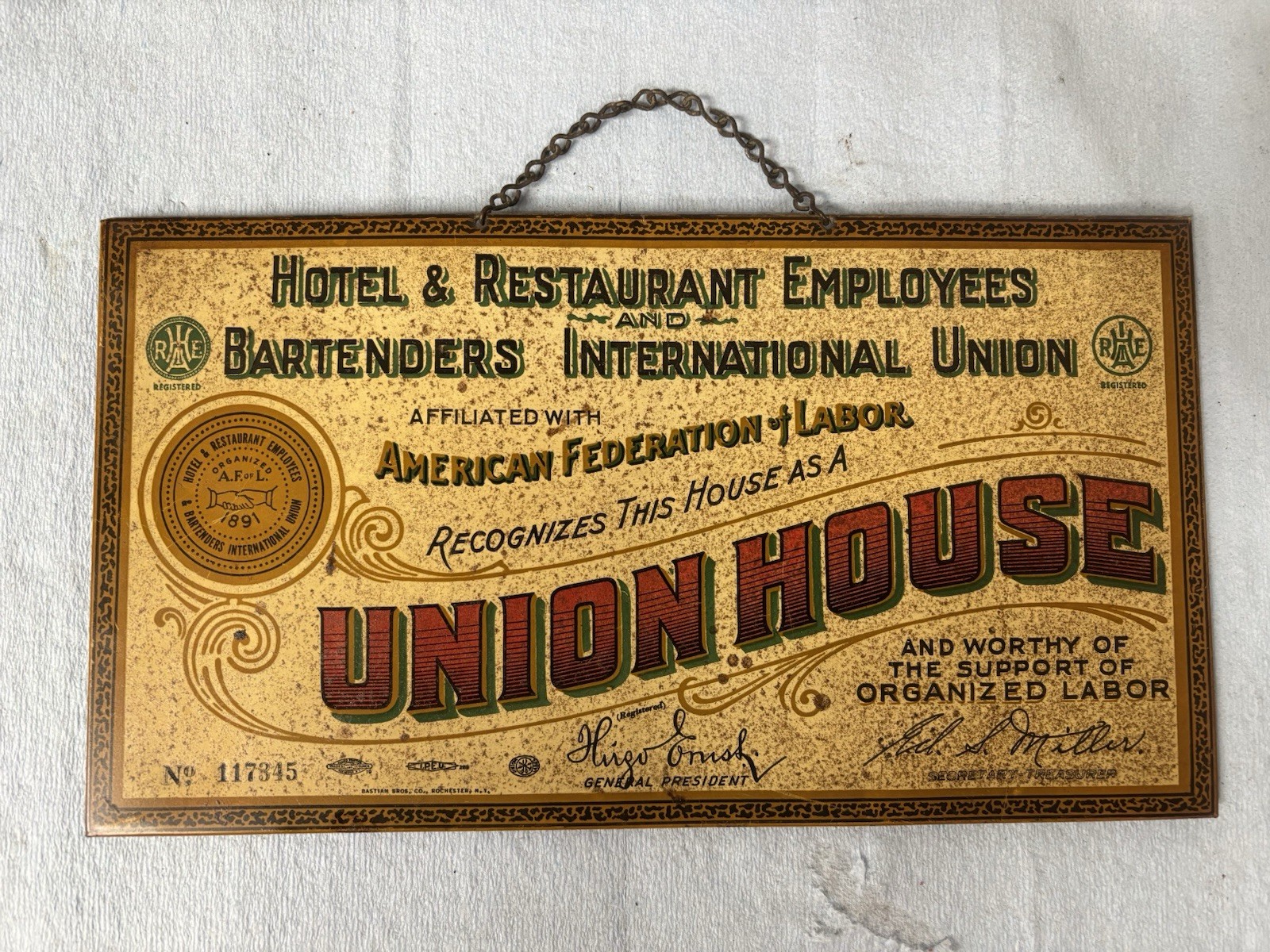 Vintage Original Union House Hotel Restaurant Bartenders Tin Sign AFL Original 
