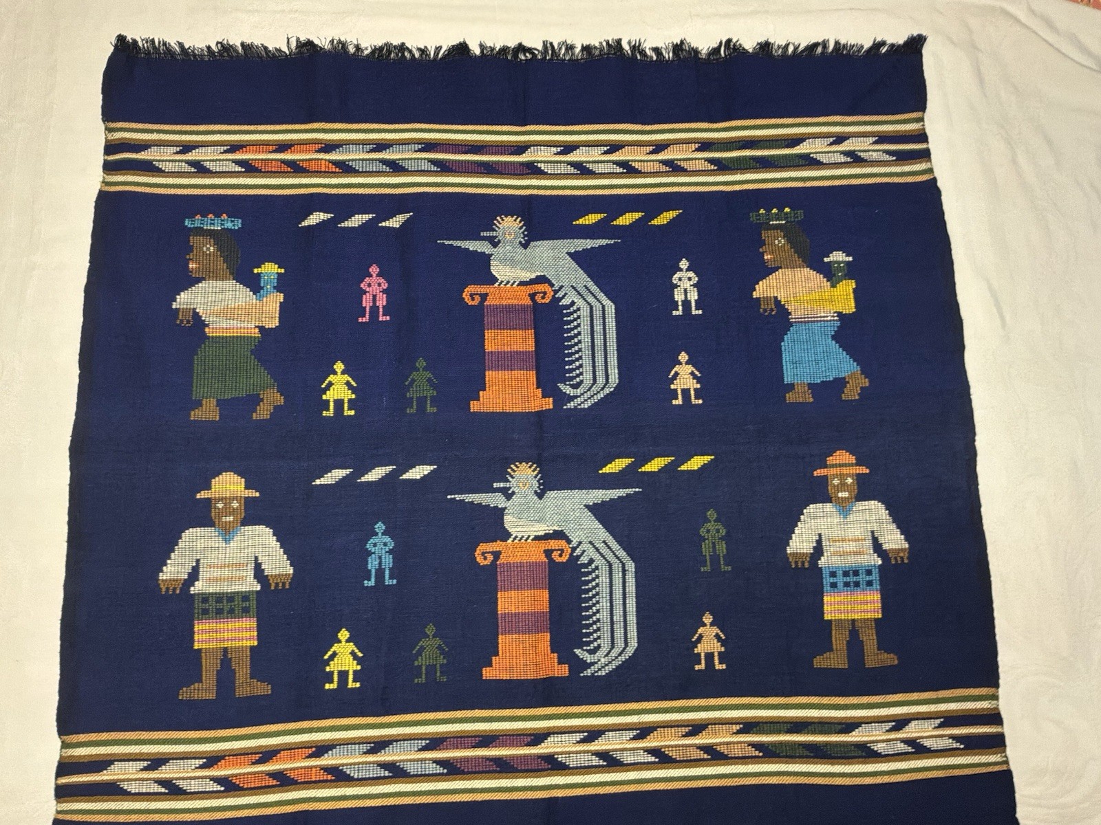 Vtg Guatemalan Mayan Colorful Quetzal Bird Wall Hanging Table Runner 34” X 34”