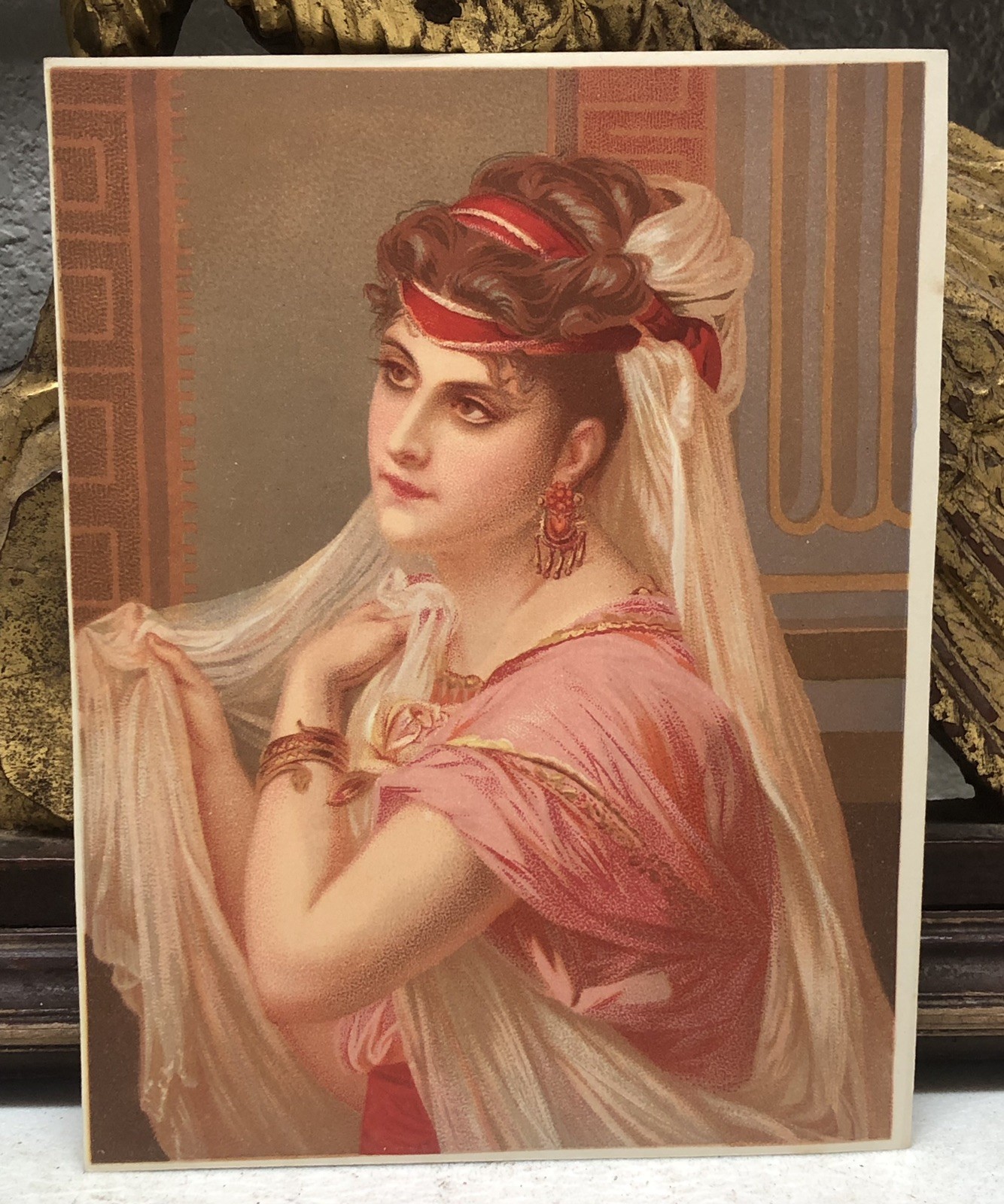 Antique Print of Lady in Pink Gown, Red Headband & Veils - L17