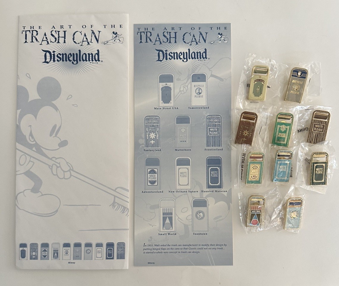2001 Disneyland Cast Member Art of the Trash Can Complete 10 Pin Set Card Sealed