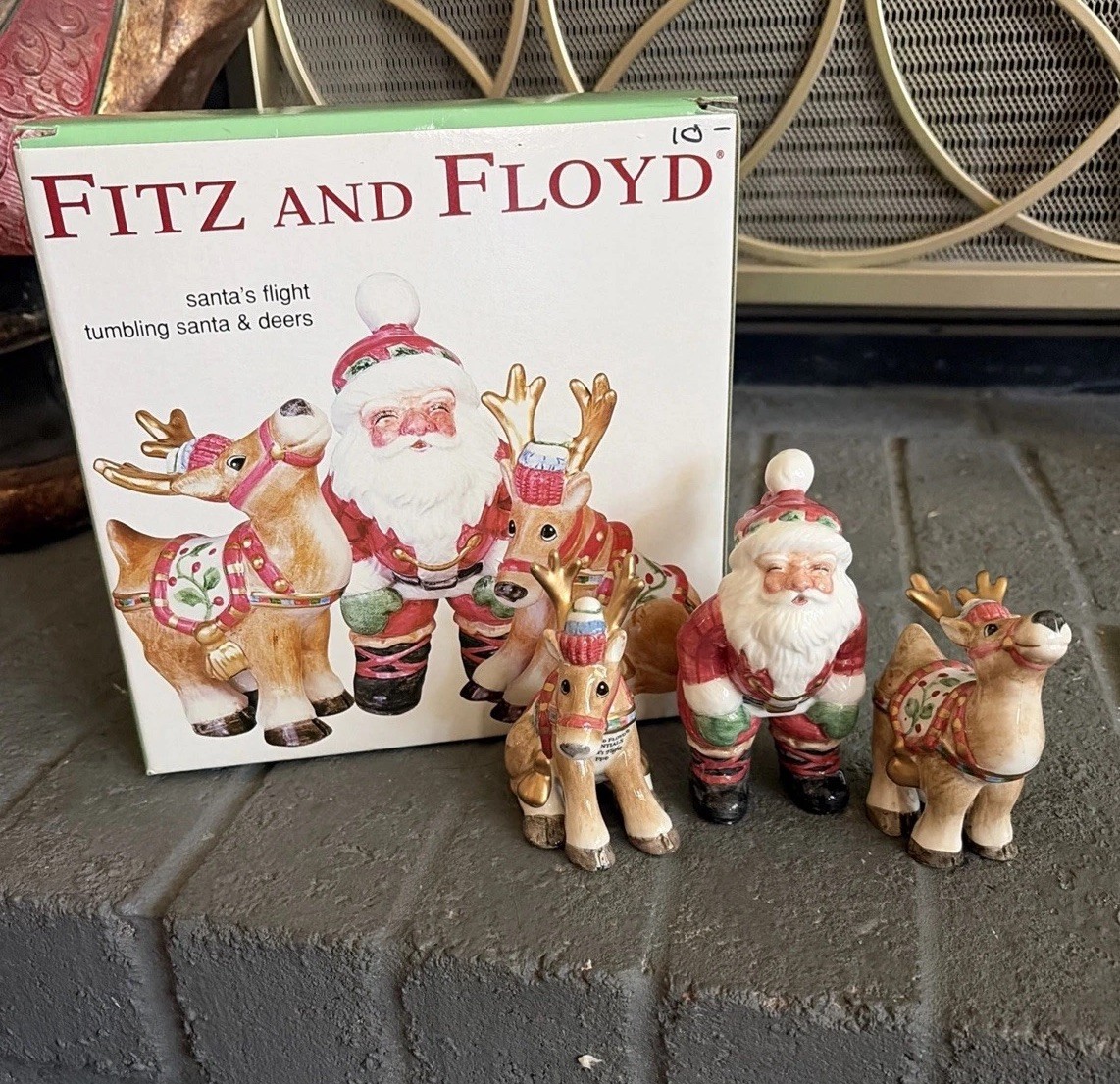 VTG 2003 Fitz And Floyd Santas Flight Tumbling Santa & Deers Christmas Figurines