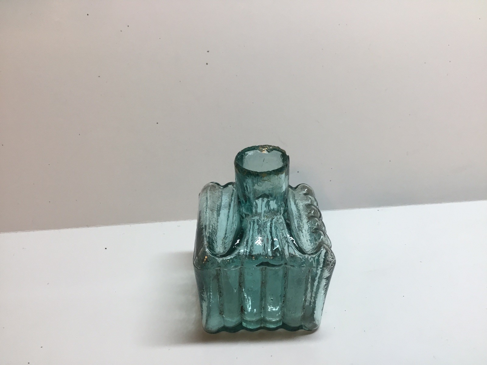 Antique Rich Aqua Burst Top Double Pen Rest Inkwell.