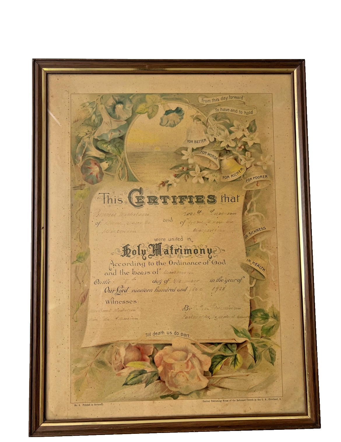 Antique 1905 Framed Holy Matrimony Marriage Certificate Janesville, Wisconsin