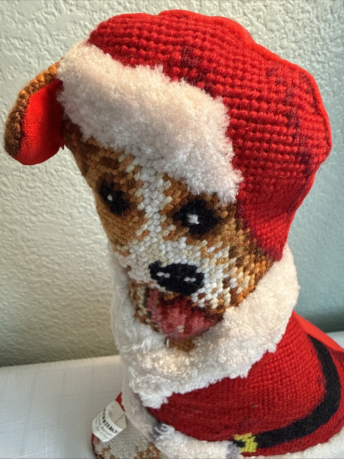 Christmas Figure Pillow 11.25in Santa Shelf Decor Needlepoint Jack Russell Dog