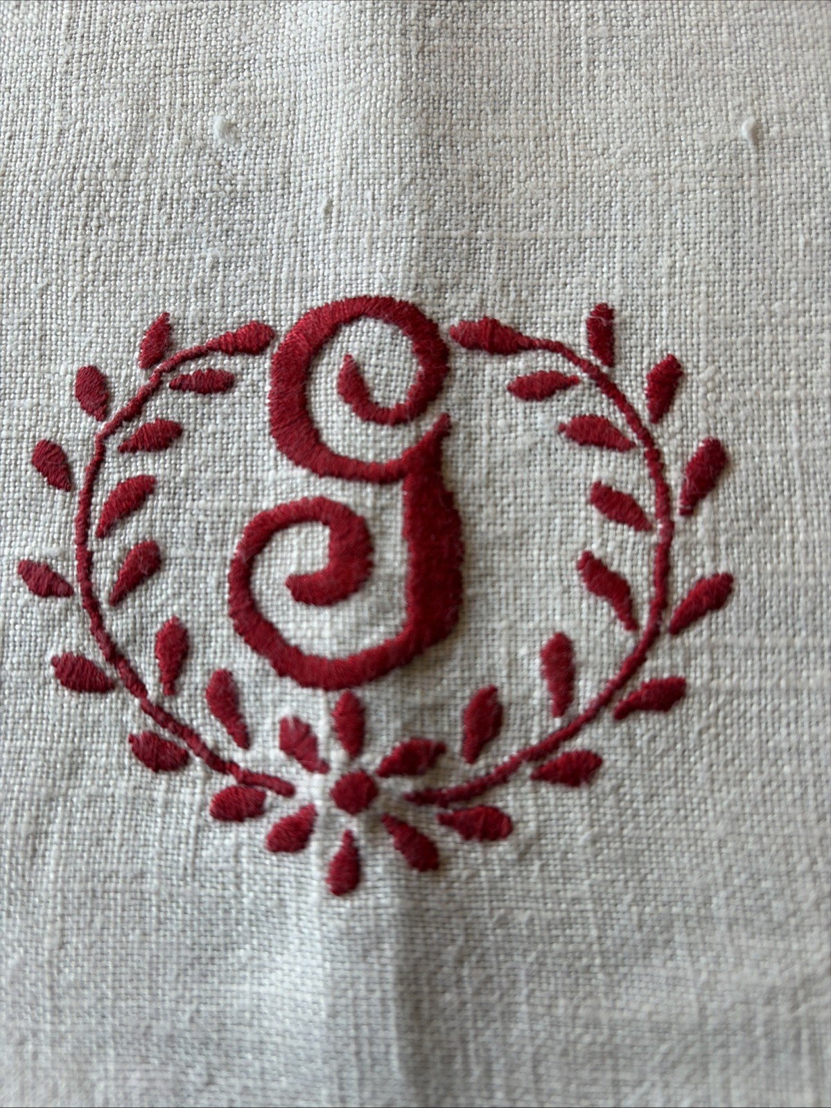 Vtg Antique French Monogram Linen Towel Red Work border Irish Belgian Flax PERF