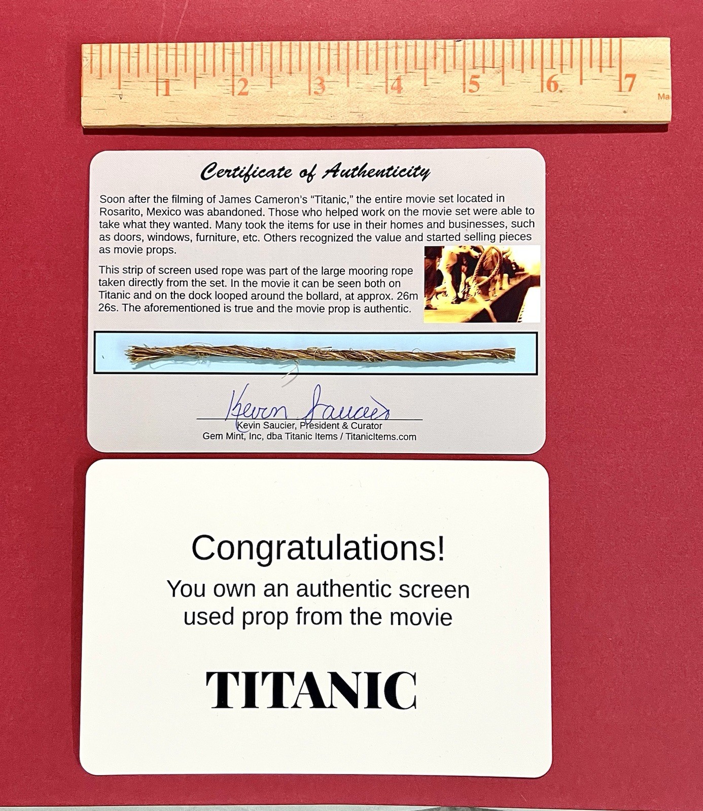 Titanic 1997 Screen Used Movie Prop Rope Card. Signed COA. Known collector.