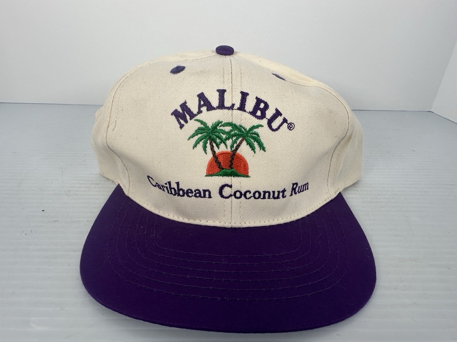 VINTAGE 1990'S PROMO MALIBU CARIBBEAN COCONUT RUM AD BASEBALL CAP HAT Purple Rim