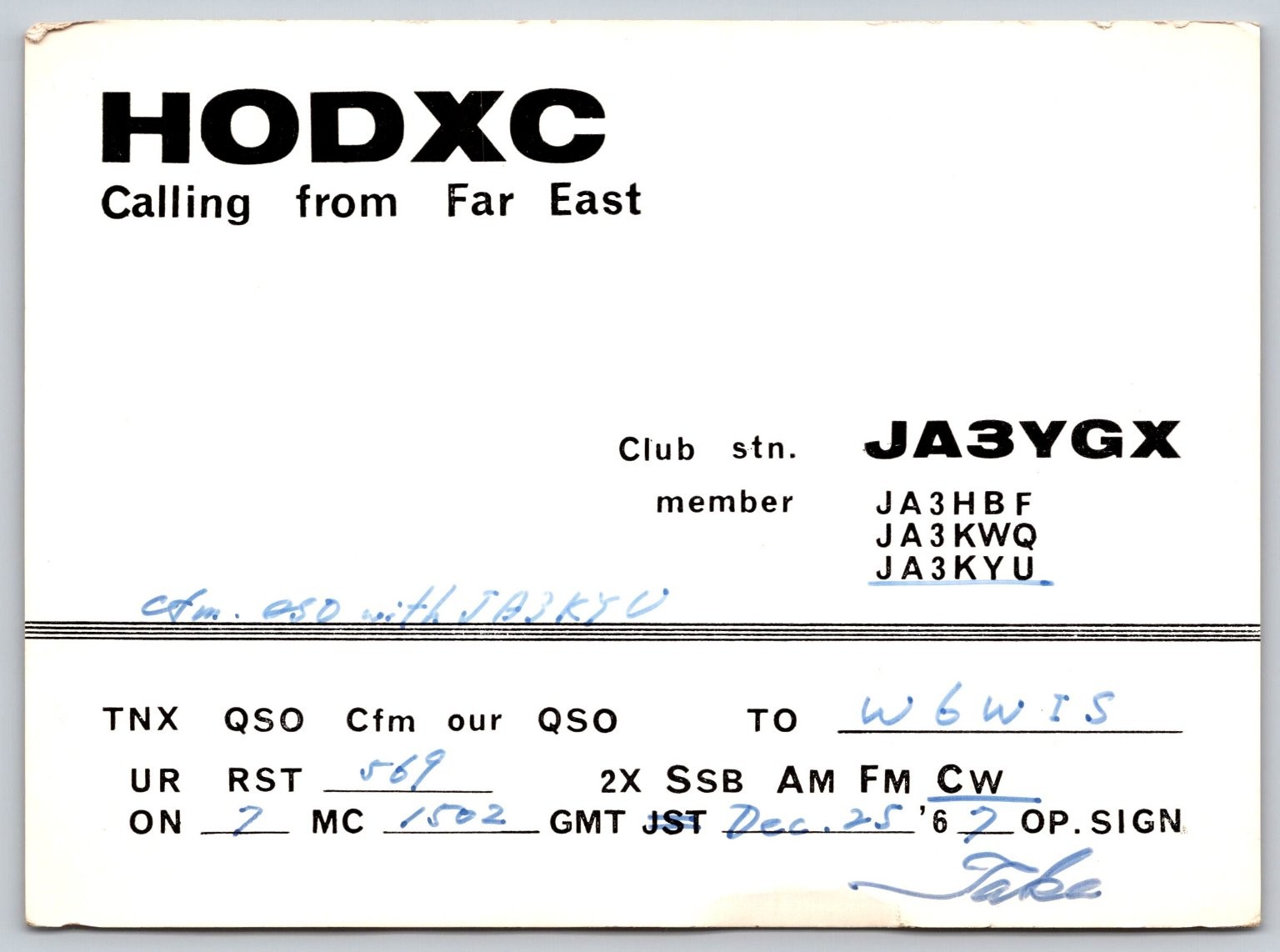 1962 HODXC JA3YGX QSL Card Far East Japan Amateur Radio Ham W6WIS A5