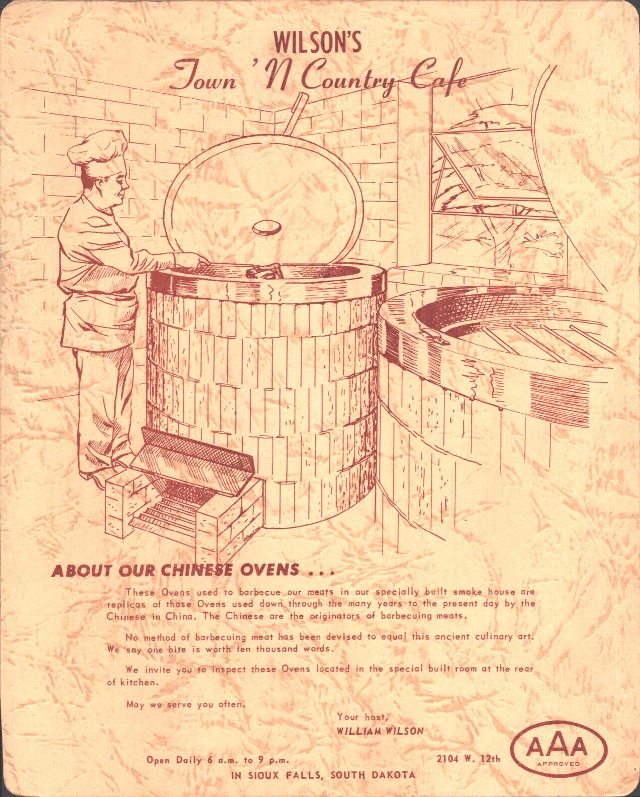 1950s WILSON'S TOWN 'N COUNTRY CAFE vintage BBQ menu SIOUX FALLS, SOUTH DAKOTA