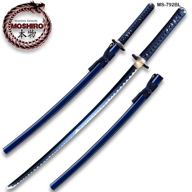 MOSHIRO Hand Forged  Katana Sword 1045 High Carbon Steel Blue Glossy Scabbard
