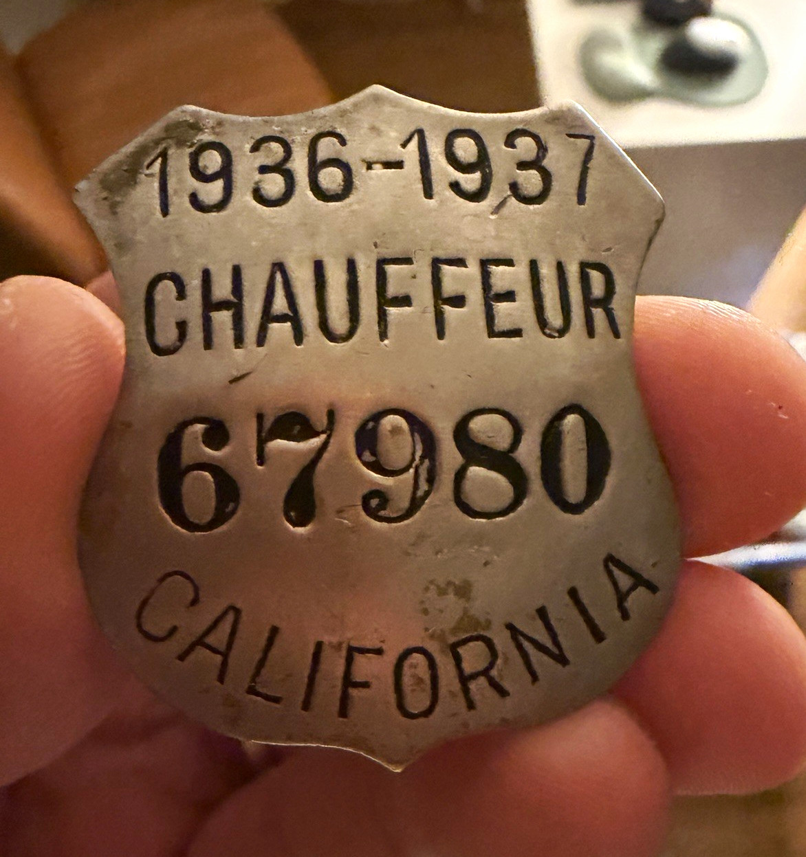 1936-1937 California Chauffeur Badge License Plate Tag #67980