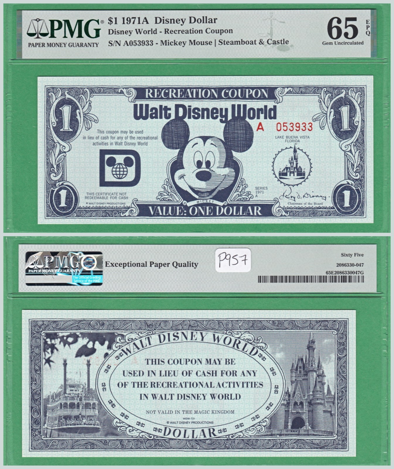1971-A Disney Dollar $1 Recreation Coupon PMG 65 EPQ Gem Unc Mickey Mouse Scarce