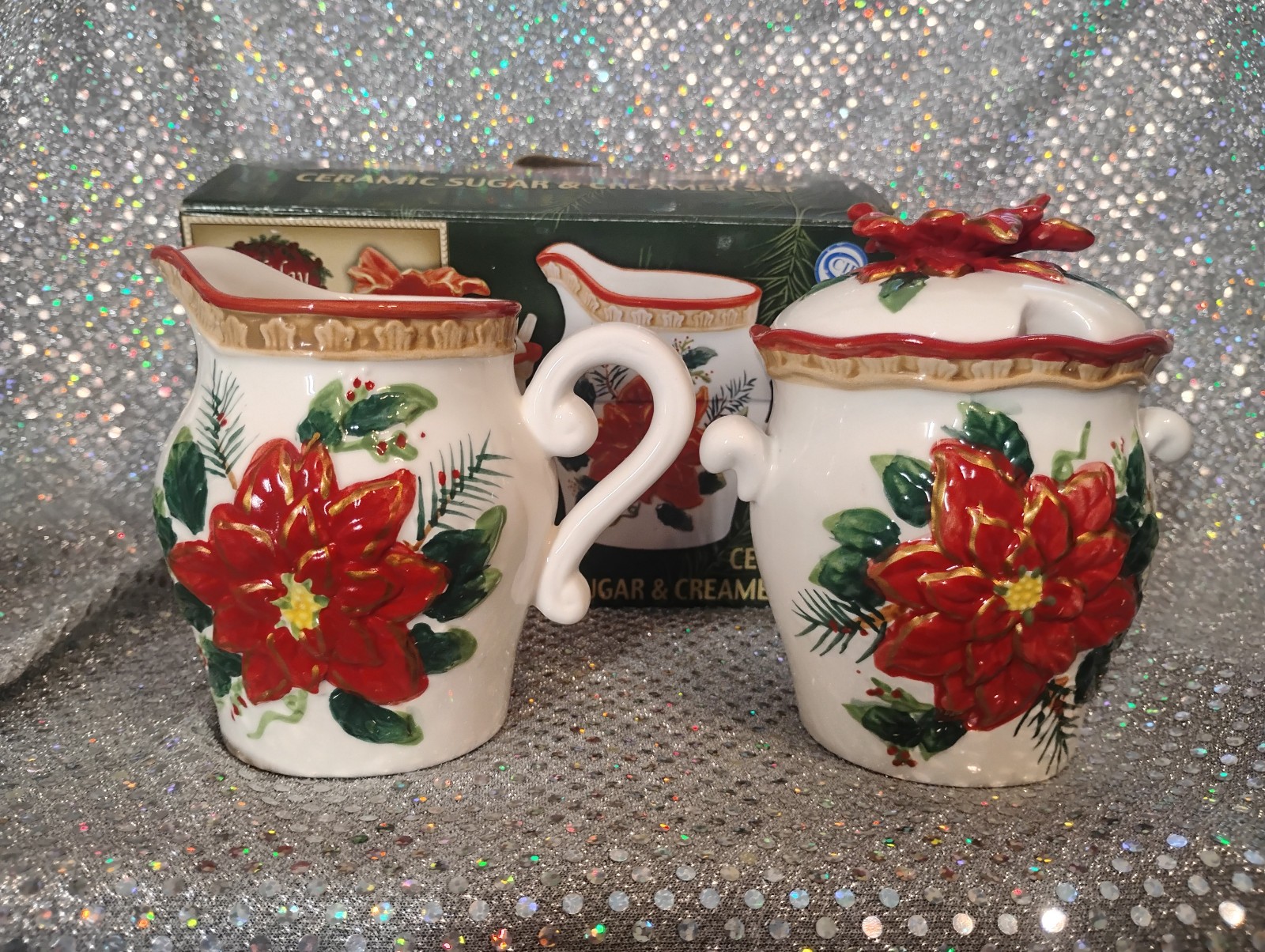 CIB Holiday Poinsettia Sugar and Creamer Set W/Box