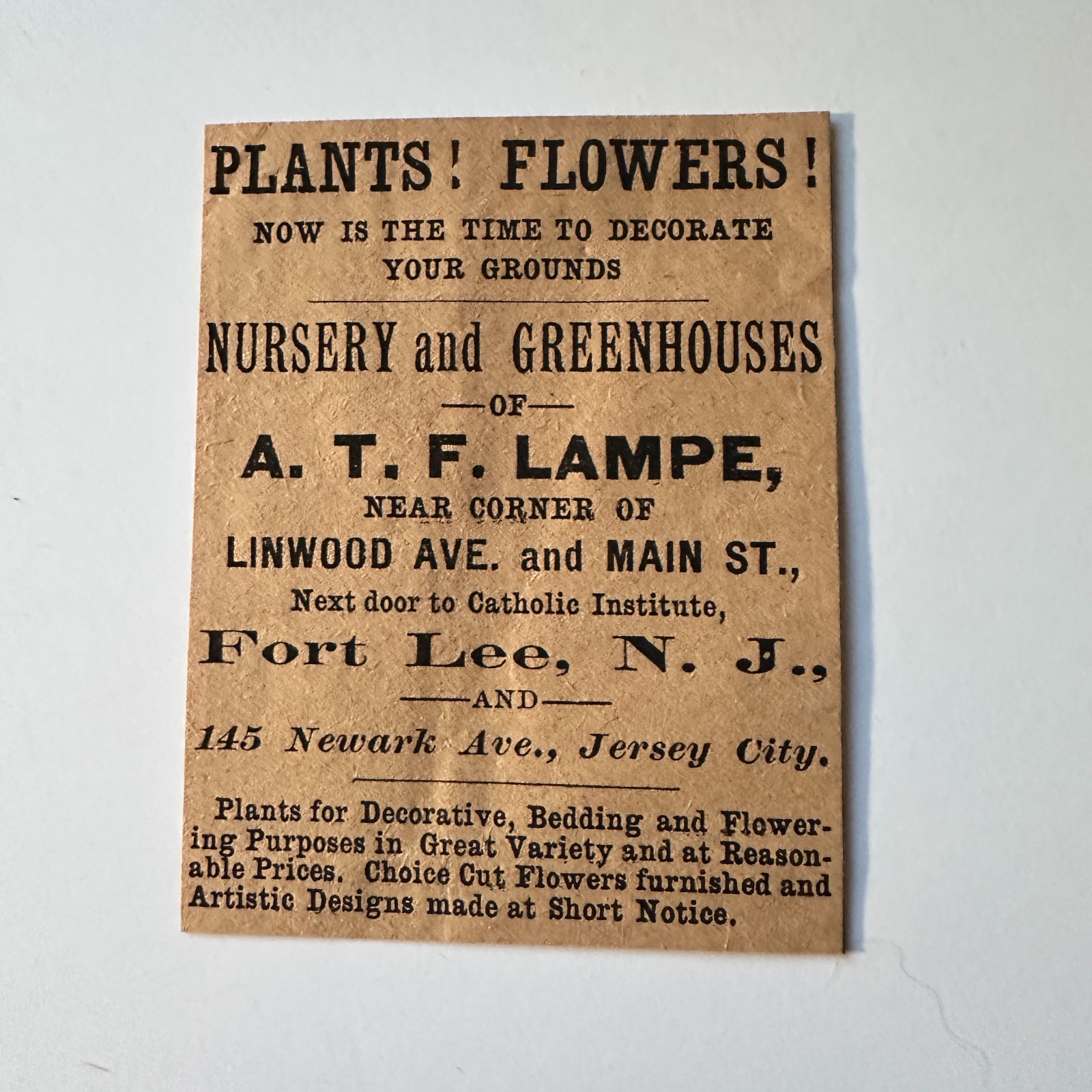 Nursery & Greenhouses ATF Lampe Fort Lee NJ 1885 Englewood NJ Ad 5AK8-M34